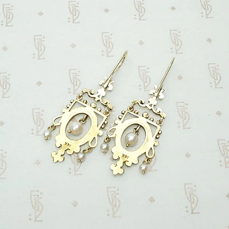 Ornate Victorian Revival Gold & Pearl Earrings