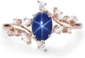Oval Cut Linde Star Sapphire Engagement Rings for Women Blue Star Sapphire and Moissanite Engagement Rings for Women 10K 14K 18K White Yellow Rose Gold Blue Star Sapphire Ring