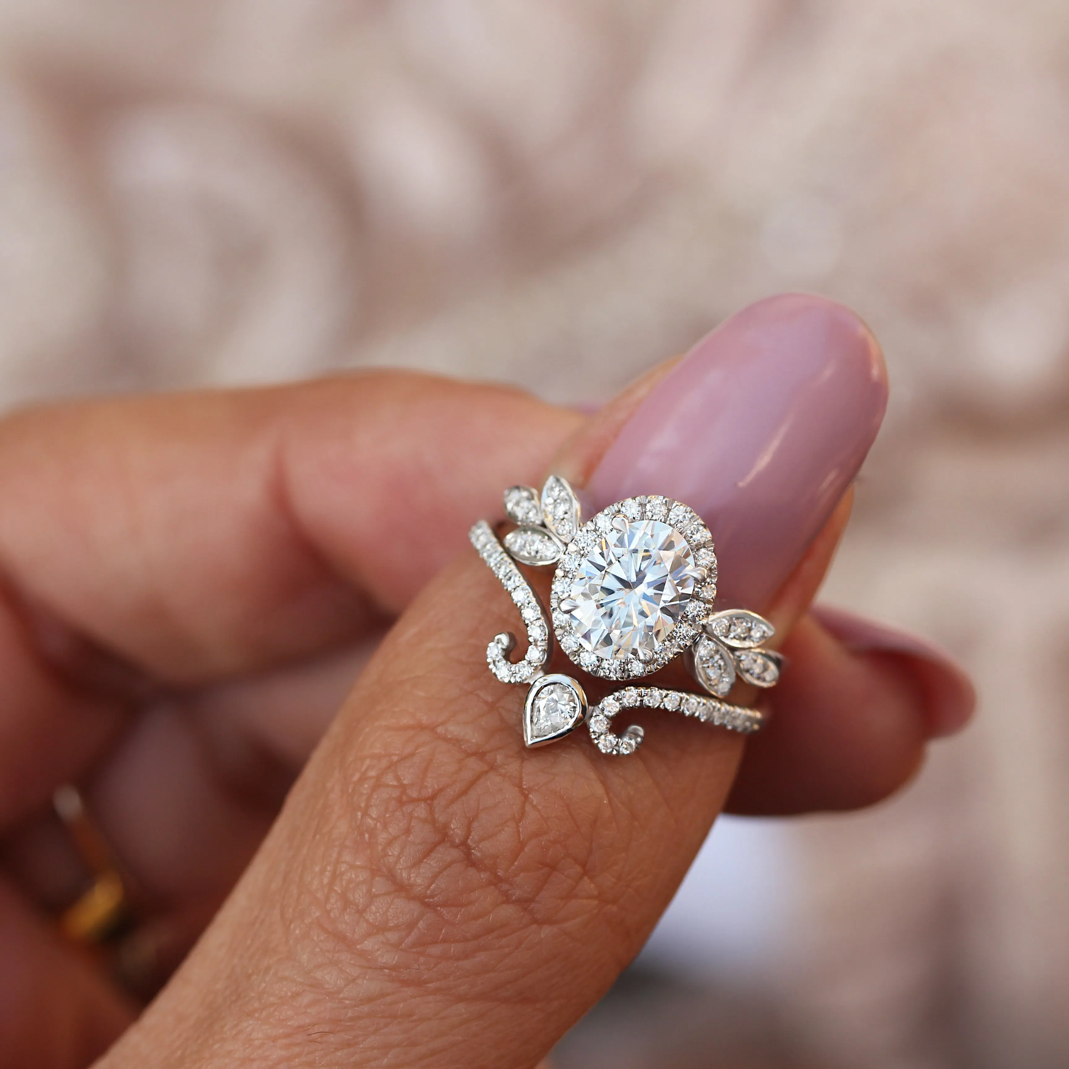 Oval Diamond Engagement Two Rings Set - Minimal Lily & Ariana ♥