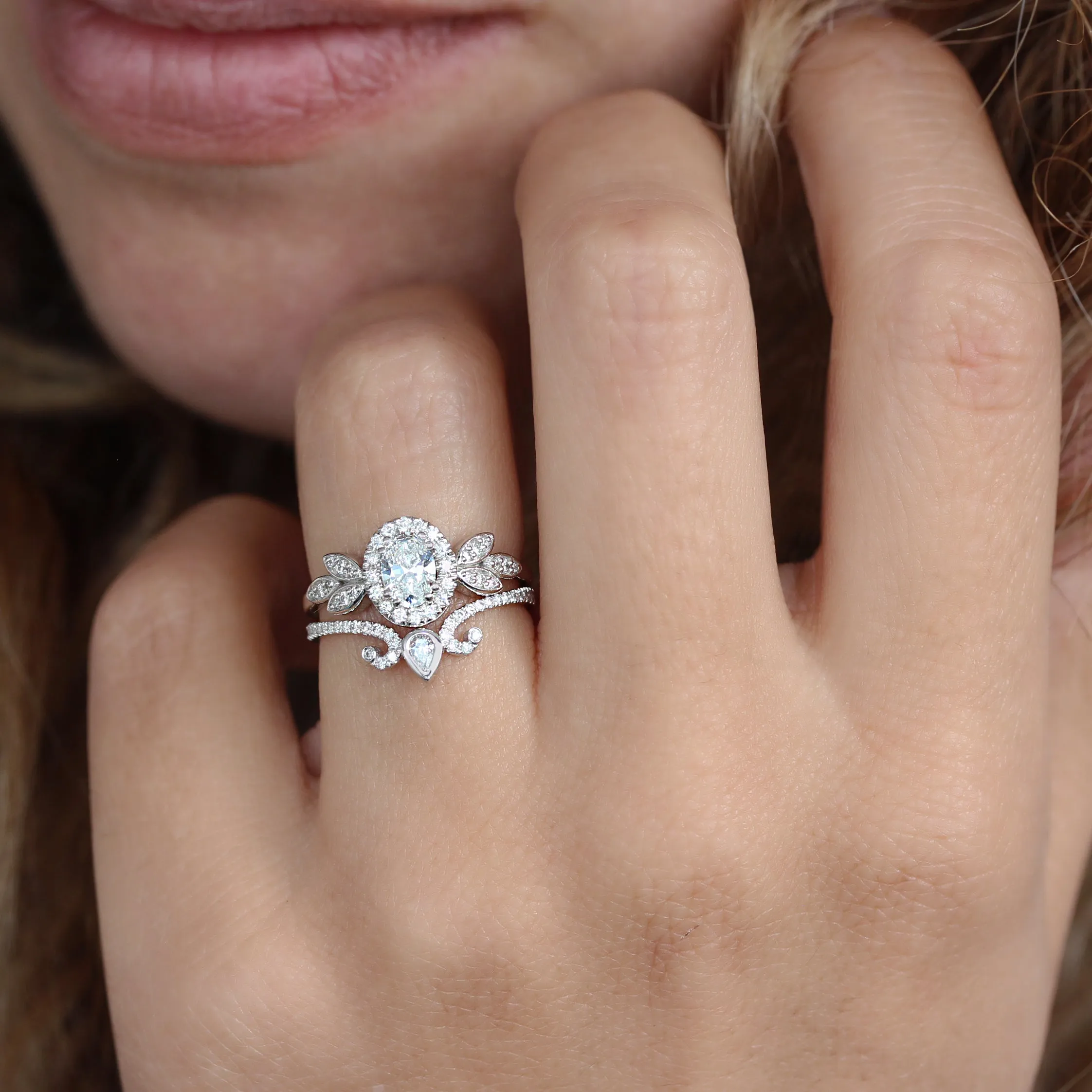 Oval Diamond Engagement Two Rings Set - Minimal Lily & Ariana ♥