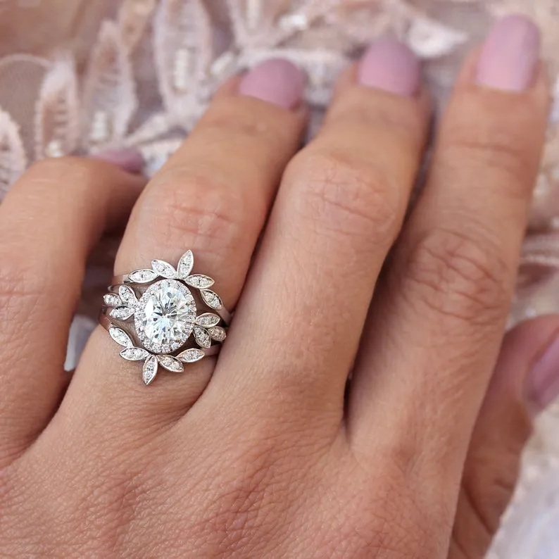 Oval Diamond Floral Three Rings Set "Minimal Lily"  ♥