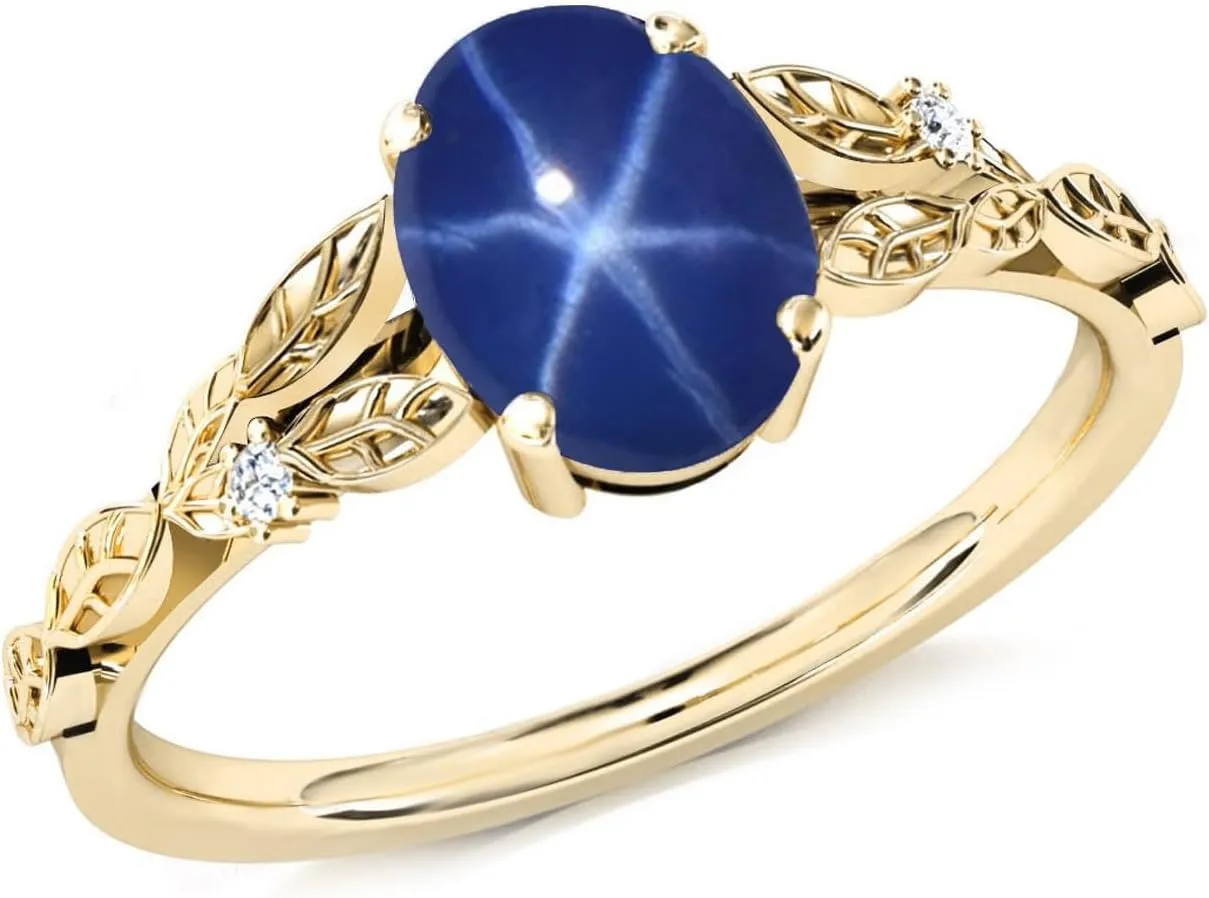 Oval Shaped Blue Star Sapphire Rings for Women 10K 14K 18K Gold 6X8MM Created Star Sapphire Promise Engagement Wedding Anniversary Ring for Her Size 4-15