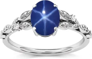 Oval Shaped Blue Star Sapphire Rings for Women 10K 14K 18K Gold 6X8MM Created Star Sapphire Promise Engagement Wedding Anniversary Ring for Her Size 4-15