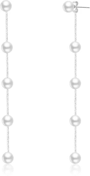 PABBEU Silver Long Pearl Earrings for Women Hypoallergenic 925 Sterling Silver Pearl Stud Earrings Elegant Pearl Drop Earrings Wedding Pearl Tassel Chain Dangle Earrings for Women Bridal 4/5/6mm