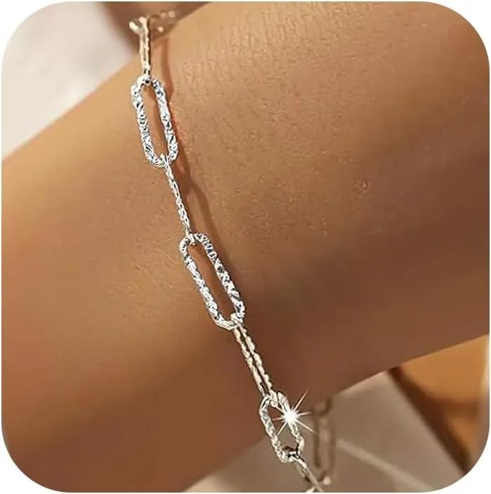 Paperclip Bracelet for Women Men AS Father's Day Gifts, 925 Sterling Silver Paperclip Chain Bracelet Adjustable Sparkle Silver Links Simple Hypoallergenic Bracelet Birthday Gifts for Her 6.30" 1.57"Back to School