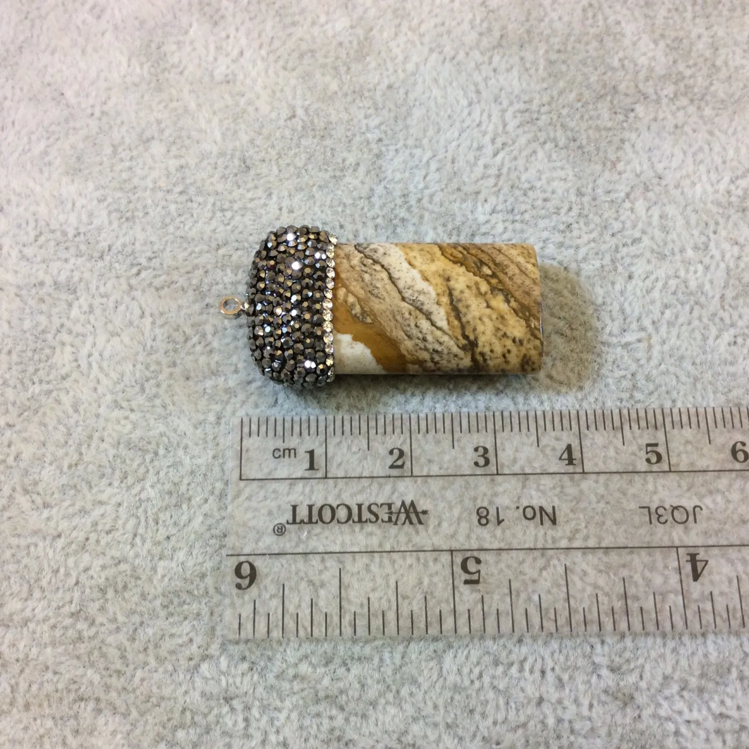 Pave Rhinestone Encrusted Rectangle Shaped Natural Picture Jasper Pendant with Gray/White Rhinestones - Measuring 18mm x34mm, Approximately