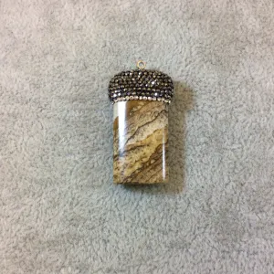 Pave Rhinestone Encrusted Rectangle Shaped Natural Picture Jasper Pendant with Gray/White Rhinestones - Measuring 18mm x34mm, Approximately