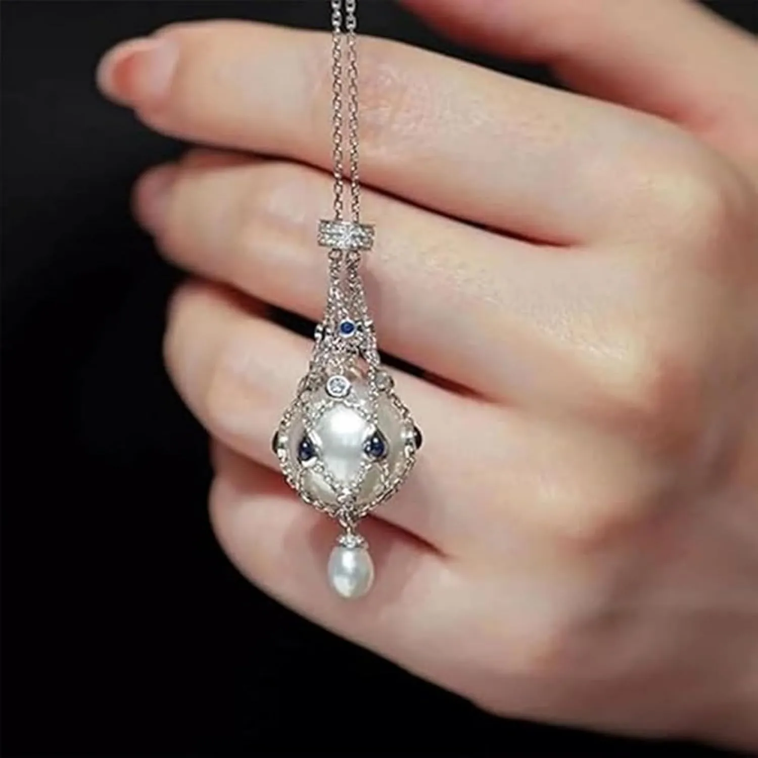 Pearl & Gemstone Lavalier Pendant, Single Pearl Cage Pendant Necklaces, Pearl Holder Necklace, Stainless Steel Pearl Cage Pendant Necklaces, Elegant Jewelry Gifts for Mom Wife