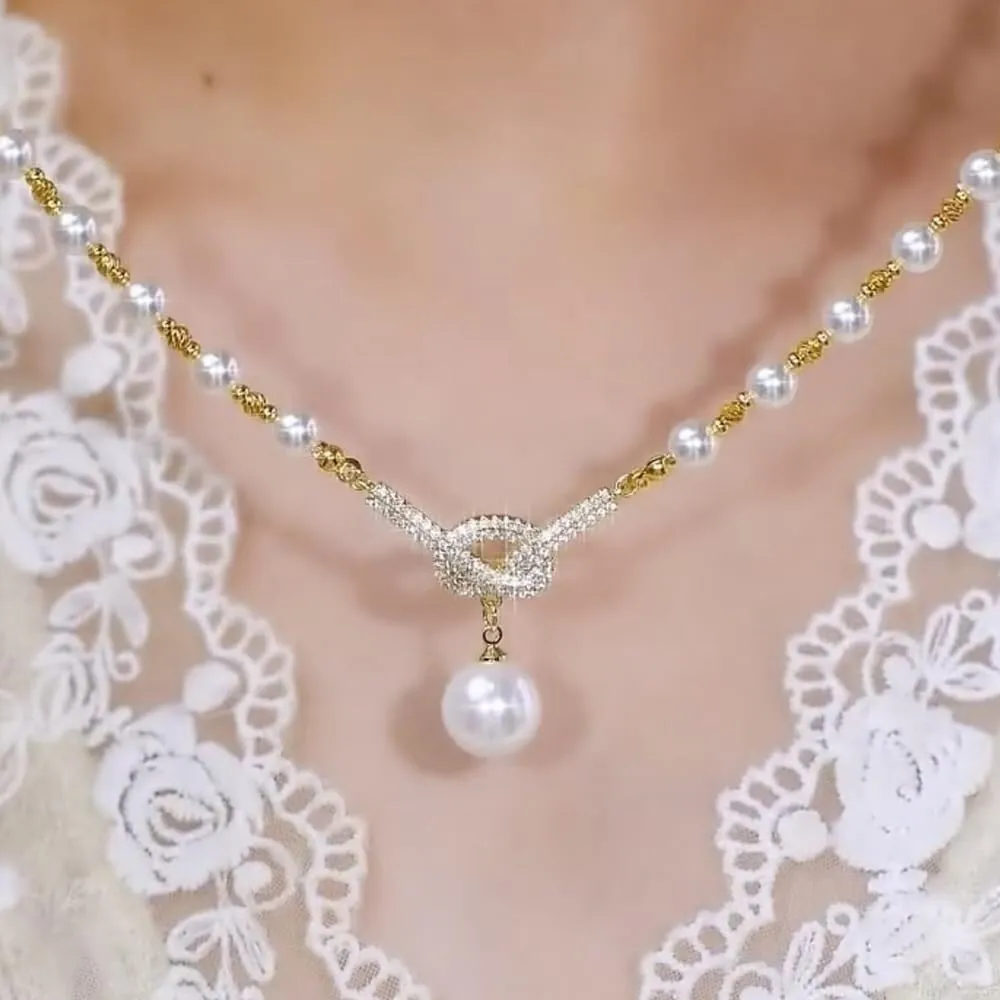 Pearl Concentric Knot Choker Necklace,Gold Bow Pearl Choker Pearl Necklace Bow Jewelry Retro Exquisite Diamond Concentric Knot for Wedding Bridesmaid Formal Party(White Purple)