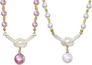 Pearl Concentric Knot Choker Necklace,Gold Bow Pearl Choker Pearl Necklace Bow Jewelry Retro Exquisite Diamond Concentric Knot for Wedding Bridesmaid Formal Party(White Purple)