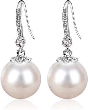 Pearl Dangle Earrings for Women 925 Sterling Silver Crystal Pearl Earrings Classtic Ladies Drop Earrings for Wedding Party Birthday Gift