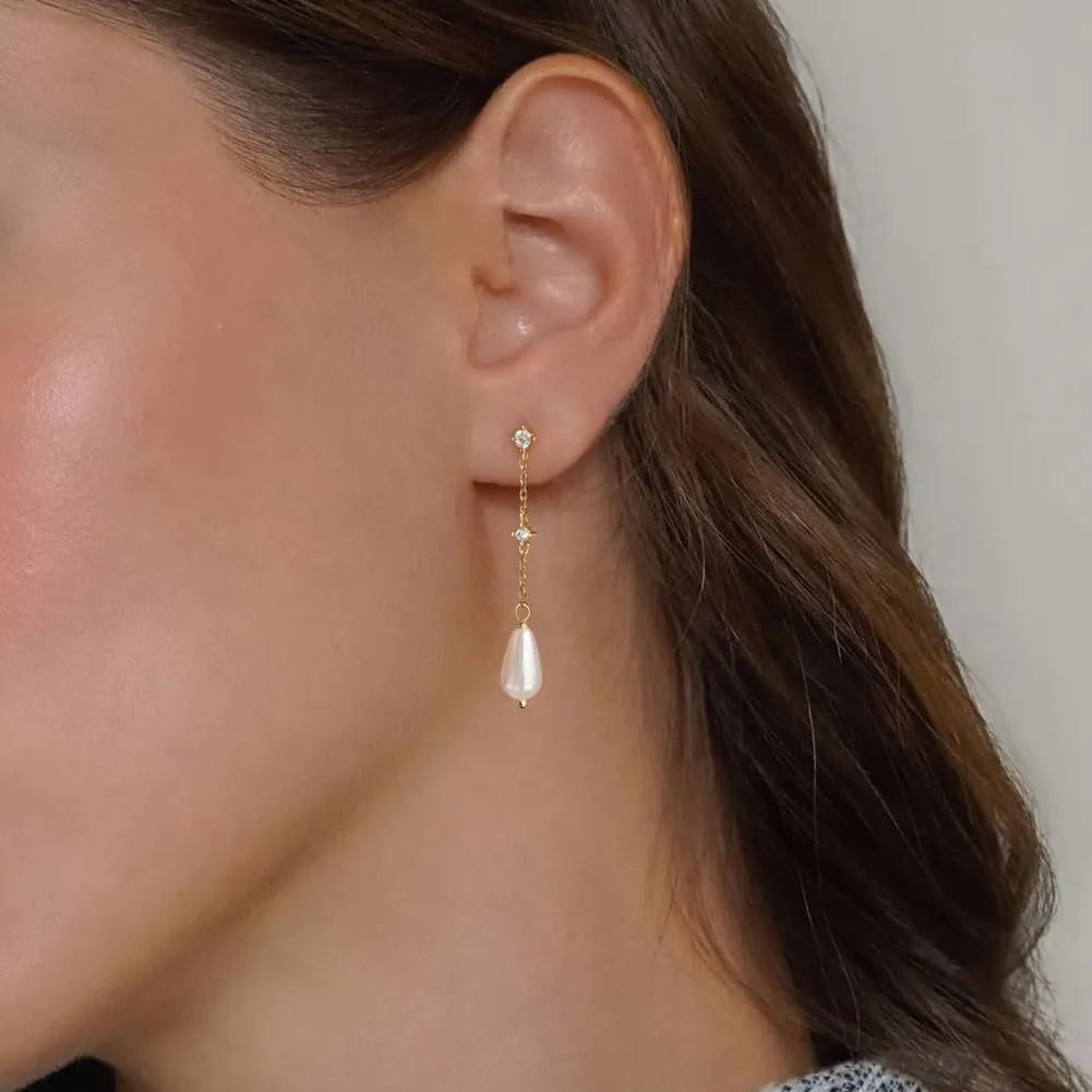 Pearl Earrings: 14k Gold-plated Dainty Pearl Drop Dangle Huggie Hoop Earrings for Women