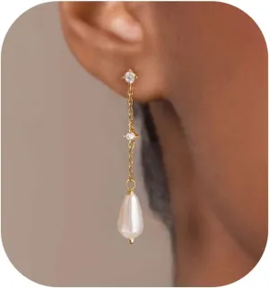 Pearl Earrings: 14k Gold-plated Dainty Pearl Drop Dangle Huggie Hoop Earrings for Women