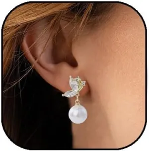 Pearl Earrings for Women 14K Gold Pearl Rhinestone Earrings Pearl Crystal Drop Dangle Earrings Hypoallergenic Statement Pearl Wedding Jewelry Bridal Gifts for Her