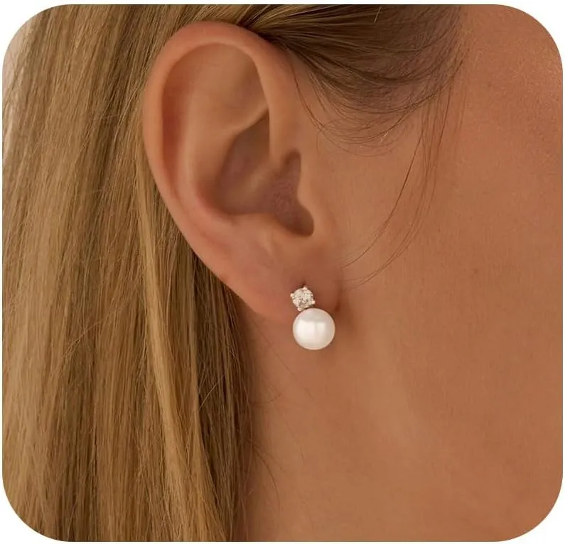 Pearl Earrings for Women, Dainty 14K Gold/Sterling Silver Plated Pearl Drop & Hoop Earrings - Wedding Bridal Jewelry Gifts