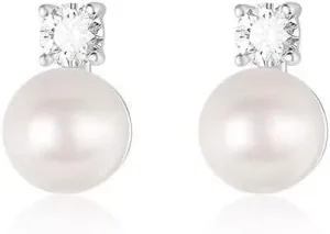 Pearl Earrings for Women, Dainty Pearl Dangle Earring with Rhinestone Statement Wedding Ear Stud Gold Plated Cute Hypoallergenic Pearls Stud Earrings Wedding Jewelry