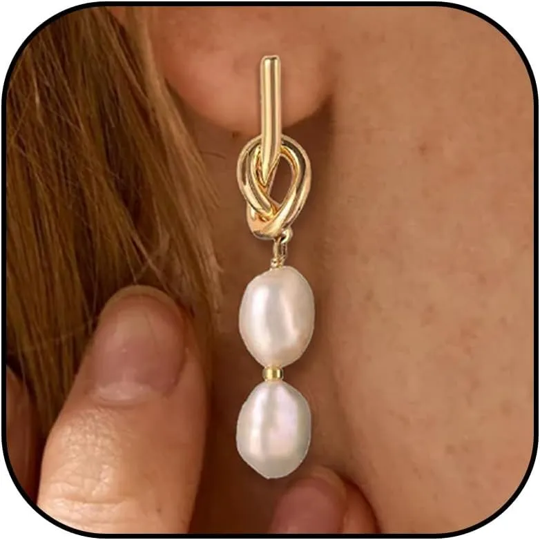 Pearl Earrings for Women Gold Knot Pearl Earrings Pearl Bow Earrings Dangle 14k Gold Plated Bridesmaid Earrings Hypoallergenic Bridesmaid Jewelry Gifts
