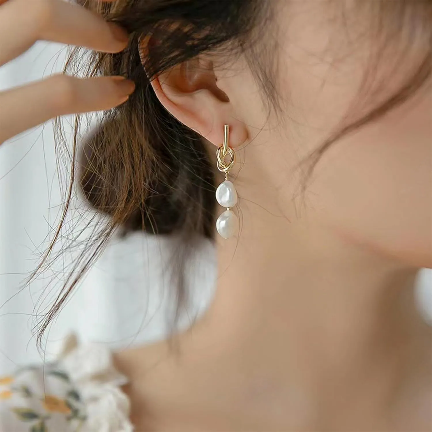 Pearl Earrings for Women Gold Knot Pearl Earrings Pearl Bow Earrings Dangle 14k Gold Plated Bridesmaid Earrings Hypoallergenic Bridesmaid Jewelry Gifts