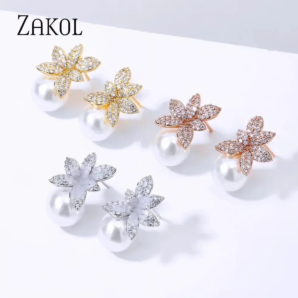 Pearl earrings for women Korean Female Crystal Imitation Pearls Leaf Stud Earrings for Women Micro Zircon Charm Bridal Jewelry-T76