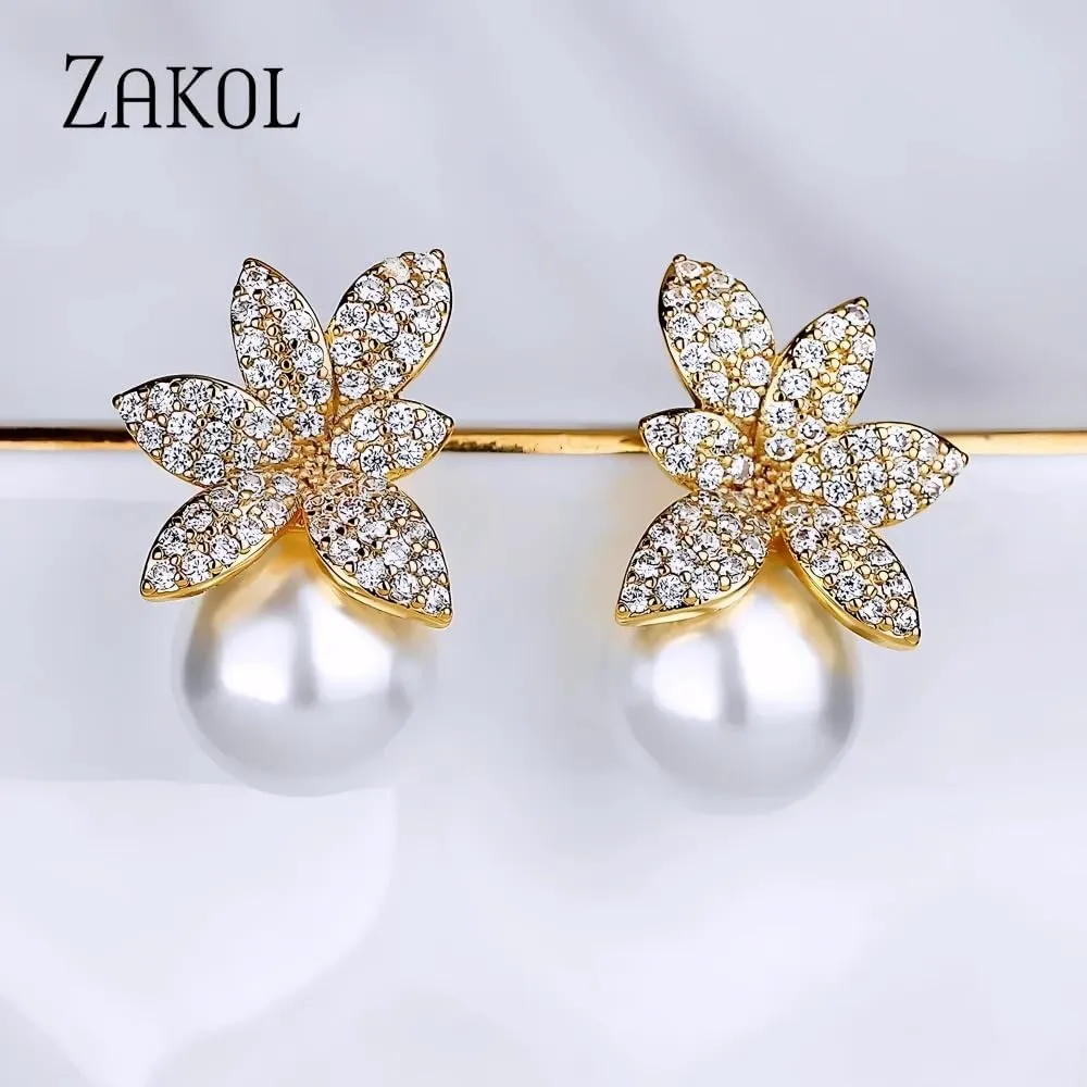 Pearl earrings for women Korean Female Crystal Imitation Pearls Leaf Stud Earrings for Women Micro Zircon Charm Bridal Jewelry-T76