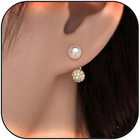 Pearl Earrings for Women Pearl Front Back Earrings Double Ball Ear Jacket Earrings Rhinestone Front Back Pearl Earrings Wedding Earrings for Women Jewelry