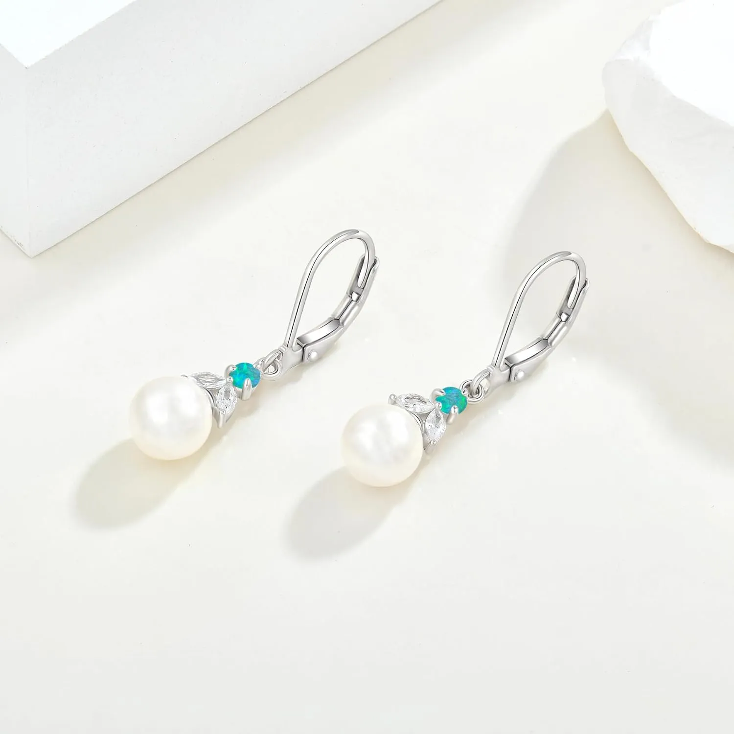 Pearl Earrings for Women,925 Sterling Silver Opal Dangle Drop Earrings Leverback Hypoallergenic Jewelry for Women Mother Her