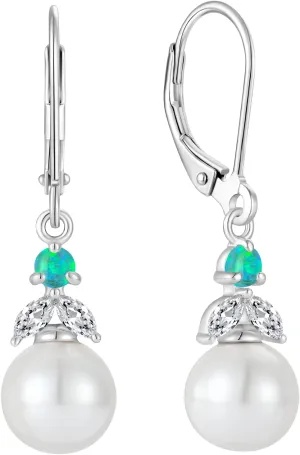 Pearl Earrings for Women,925 Sterling Silver Opal Dangle Drop Earrings Leverback Hypoallergenic Jewelry for Women Mother Her