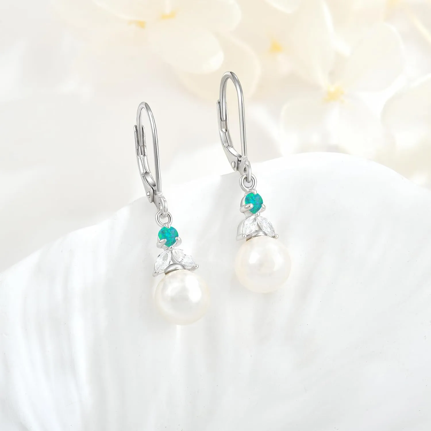 Pearl Earrings for Women,925 Sterling Silver Opal Dangle Drop Earrings Leverback Hypoallergenic Jewelry for Women Mother Her