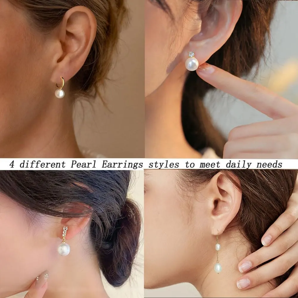 Pearl Earrings Set Hypoallergenic 14K Gold Plated Freshwater Long Pearl Drop Dangle Earrings 8mm 10mm Fake Pearls Studs for Women Gift Wedding Earrings for Brides Bridesmaid