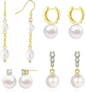 Pearl Earrings Set Hypoallergenic 14K Gold Plated Freshwater Long Pearl Drop Dangle Earrings 8mm 10mm Fake Pearls Studs for Women Gift Wedding Earrings for Brides Bridesmaid