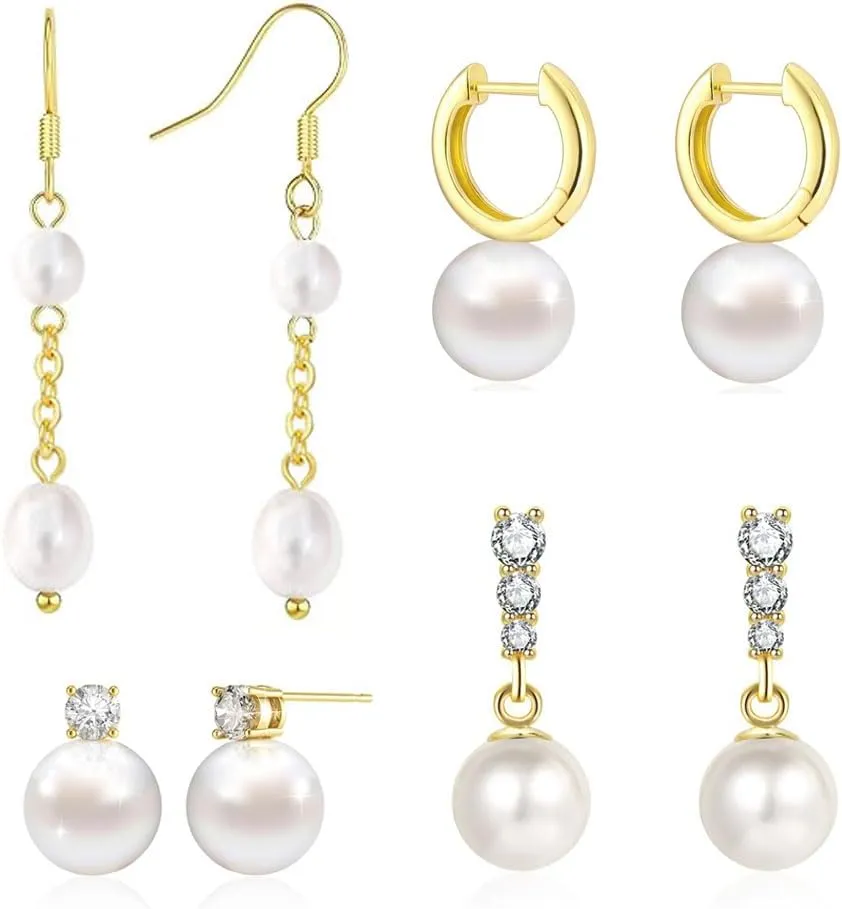 Pearl Earrings Set Hypoallergenic 14K Gold Plated Freshwater Long Pearl Drop Dangle Earrings 8mm 10mm Fake Pearls Studs for Women Gift Wedding Earrings for Brides Bridesmaid