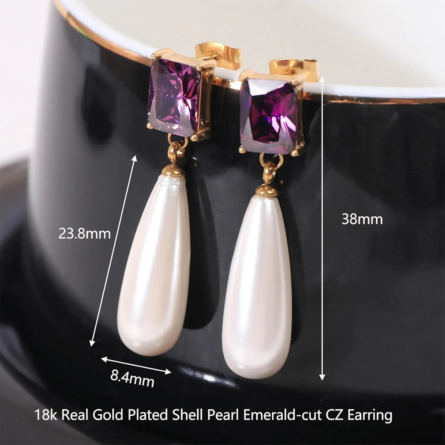 Pearl Emerald Cut Birthstone Earring 18k Gold Plated Cubic Zirconia Drop Earring Pearl Dangle Earrings Pearl Jewelry Birthday Gifts for Women