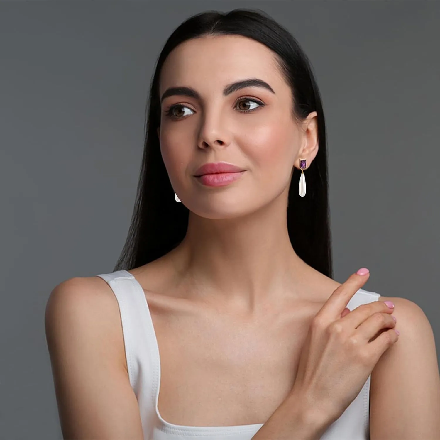 Pearl Emerald Cut Birthstone Earring 18k Gold Plated Cubic Zirconia Drop Earring Pearl Dangle Earrings Pearl Jewelry Birthday Gifts for Women