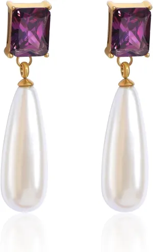 Pearl Emerald Cut Birthstone Earring 18k Gold Plated Cubic Zirconia Drop Earring Pearl Dangle Earrings Pearl Jewelry Birthday Gifts for Women