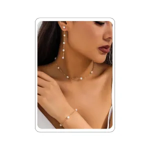 Pearl Necklace and Earring Set Dainty Prom Pearl Necklaces Pearl Earrings Dangling Pearl Bracelet for Women Tiny Pearl Jewelry Set for Wedding Bridal Bridesmaid (Gold)