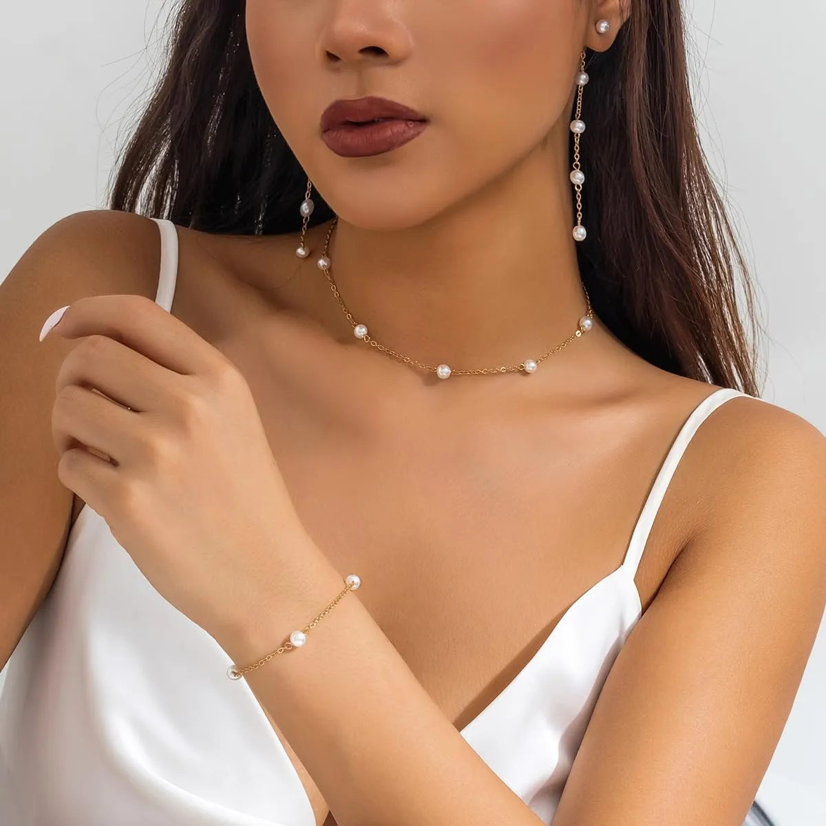 Pearl Necklace and Earring Set Dainty Prom Pearl Necklaces Pearl Earrings Dangling Pearl Bracelet for Women Tiny Pearl Jewelry Set for Wedding Bridal Bridesmaid (Gold)