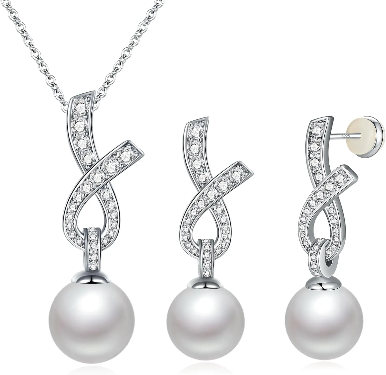 Pearl Necklace and Earring Set for Women - 925 Sterling Silver Pearl Jewelry Set Rhodium/Gold Plated Anniversary Birthday Gifts for Her Packaged in Preserved Rose Box