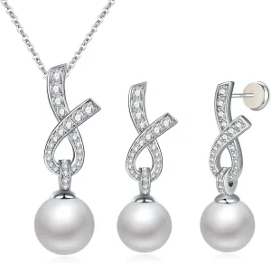 Pearl Necklace and Earring Set for Women - 925 Sterling Silver Pearl Jewelry Set Rhodium/Gold Plated Anniversary Birthday Gifts for Her Packaged in Preserved Rose Box