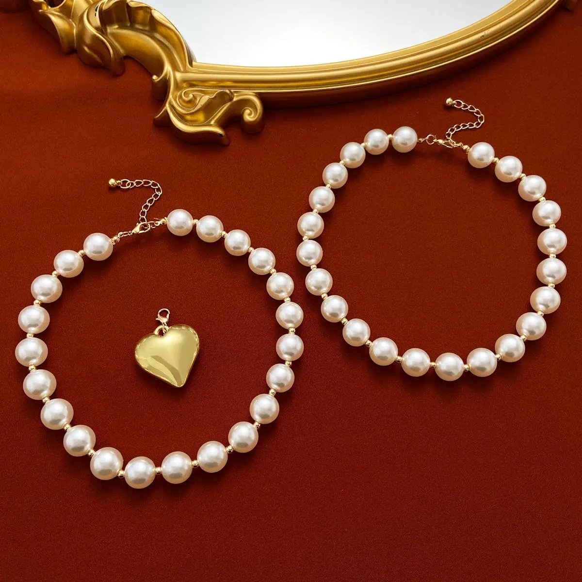 Pearl Necklace for Women,Dainty Heart Pearl Beads Pendant Necklaces Chunky Gold Bead Choker Necklaces Fashion Pearl butterfly Necklace Bridal Engagement Jewelry