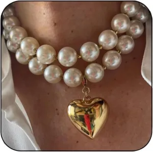 Pearl Necklace for Women,Dainty Heart Pearl Beads Pendant Necklaces Chunky Gold Bead Choker Necklaces Fashion Pearl butterfly Necklace Bridal Engagement Jewelry