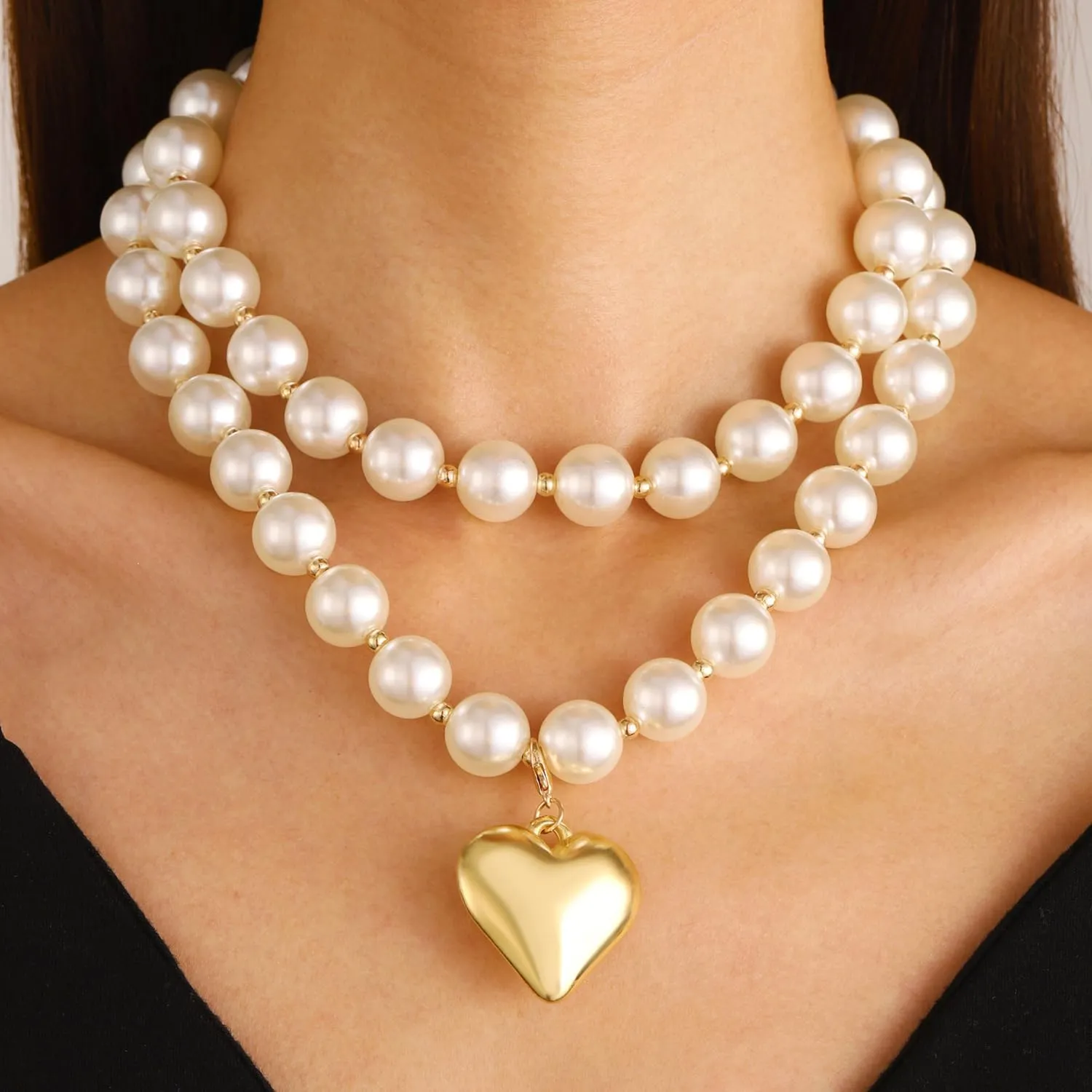 Pearl Necklace for Women,Dainty Heart Pearl Beads Pendant Necklaces Chunky Gold Bead Choker Necklaces Fashion Pearl butterfly Necklace Bridal Engagement Jewelry