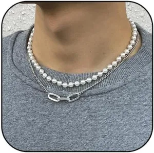Pearl Necklaces for Men Pearl Choker Necklaces.Layered Mens Pearl Necklace Faux Pearl Cross Cuban Link Necklace for Boyfriend Husband Son