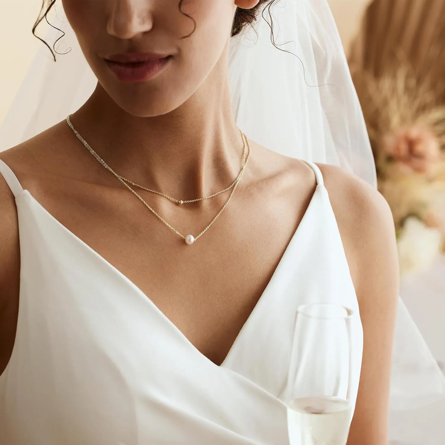 Pearl Necklaces for Women-14k Gold Plated Layered-Single Pearl Necklace Simple Pearl Choker Necklaces for Women Trendy Cute Gold Necklace Jewelry for Women Gifts