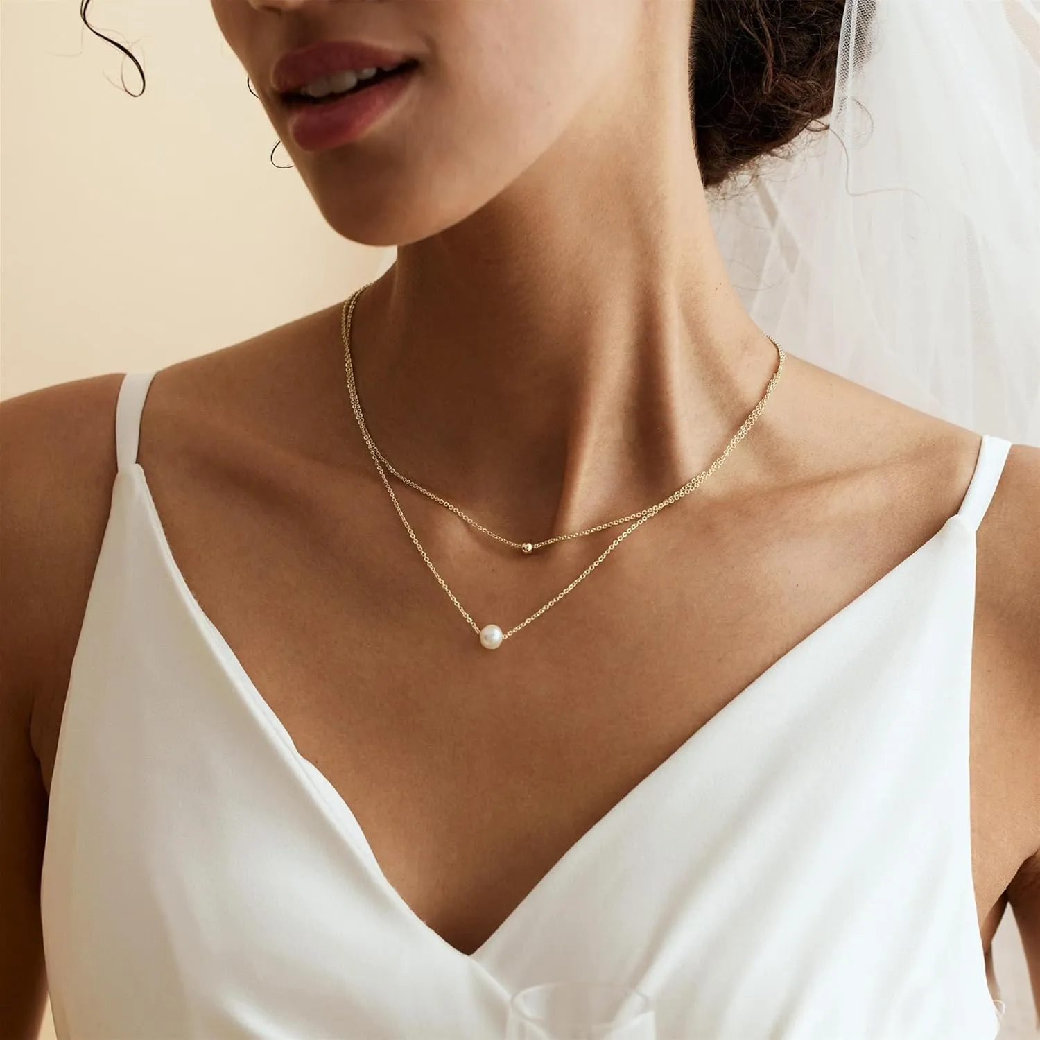 Pearl Necklaces for Women-14k Gold Plated Layered-Single Pearl Necklace Simple Pearl Choker Necklaces for Women Trendy Cute Gold Necklace Jewelry for Women Gifts