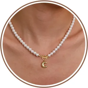 Pearl Necklaces for Women, Bubble A-Z Initial Necklace Gold Dainty Pearl Choker Necklace Anniversary Birthday Graduation Gifts for Her Teen Stocking Stufffers Christmas Jewelry