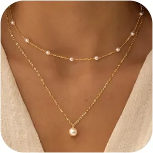 Pearl Necklaces for Women Dainty 14K Gold/Silver Plated Layered Pearl Necklace Simple Pearl Choker Necklaces Cute Single White Pearl Necklace Teen Gift Trendy Stuff Bridesmaid Gifts Wedding Jewelry