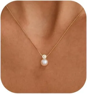 Pearl Necklaces for Women, Dainty Gold Necklace 14K Gold Plated Charm CZ Pearl Pendant Necklace Simple Gold Pearl Choker Necklaces for Women Trendy Wedding Womens Jewelry