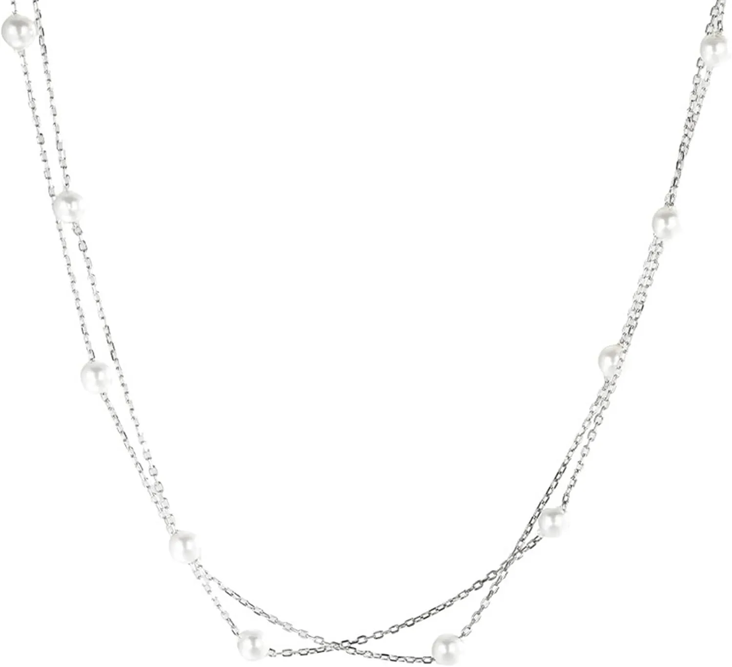 Pearl Necklaces for Women Long Chain, Long Silver Necklace Double Layer Pearls 925 Sterling Silver Pendant Necklaces for Birthday
