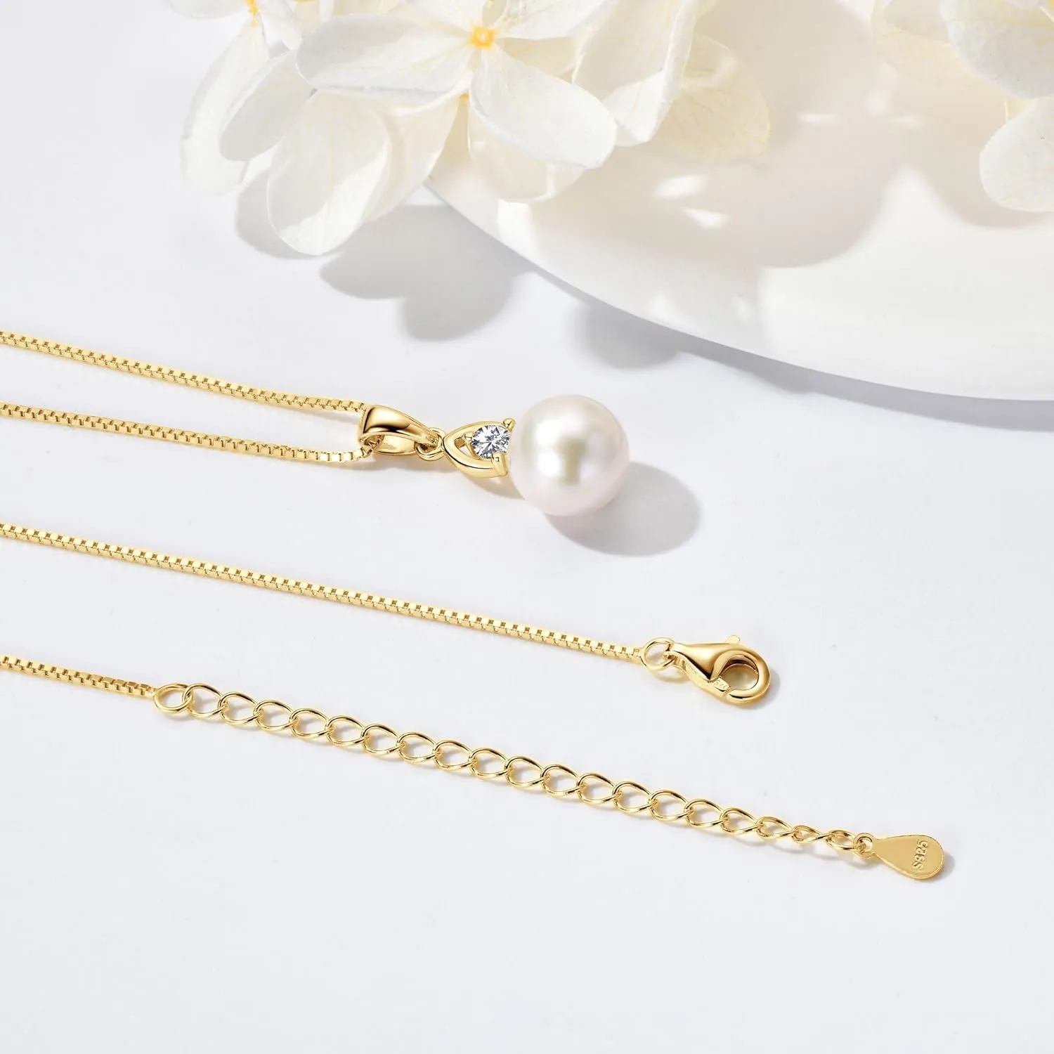 Pearl Necklaces for Women, Sterling Silver Freshwater White Pearl Pendant Necklace with Moissanite Pearl Jewelry Gifts for Wife Mom