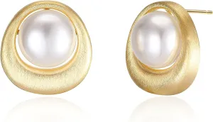 Pearl Stud Earrings, 14K Gold plated Large Pearl Earrings Gold Stud Earrings Handpicked Freshwater Cultured Hypoallergenic Large Pearl Earrings Jewelry Gifts for Her - AAA  Quality